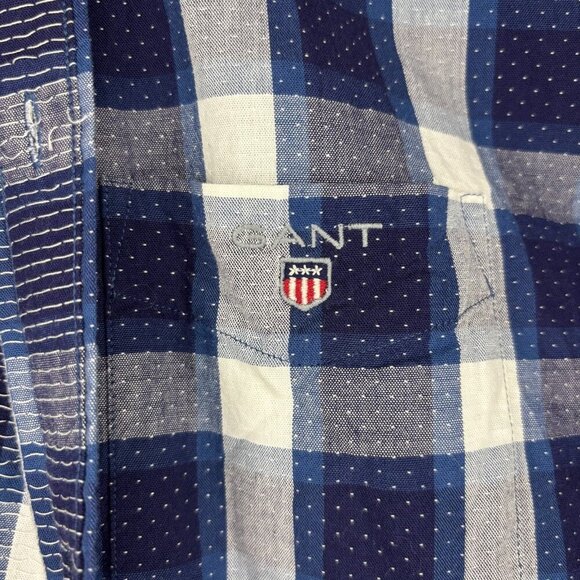 GANT Button Up Collared Shirt Men XL Dobby Plaid Regular Fit 43/44 17 Blue White - Picture 6 of 7